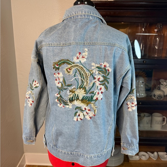 Sadie & Love Jackets & Blazers - Sadie & Love Oversized Boho Floral Back Embroidery Denim Jean Jacket Size S